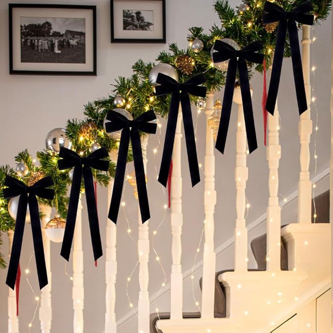 JOICEE 15Pcs Black Velvet Bows, 5in x 12in Christmas Tree Wreath Bows Rustic Crafts Gift Ribbon Bow for Xmas Tree Topper Wreath Garland Fireplace Mantel Staircase Wedding Home Decor