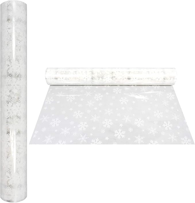 AnapoliZ Christmas Cellophane Wrap Roll | 100’ Ft. Long X 16” in. Wide | 2.3 Mil Thick Crystal Clear with Snowflakes| Gifts, Baskets, Treats, Cello Wrapping Paper | Xmas Snowflakes Holiday Design
