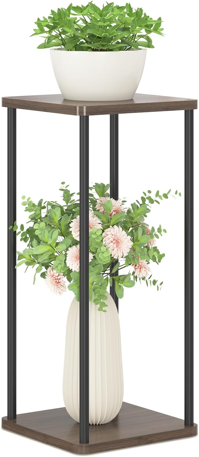 Oppro 2 Tier Plant Stand Indoor, 28In Tall Corner Vertical Wood Metal Square Shelf, Modern Black Large Planter Table Heavy Duty Flower Pot Holder Rack for Narrow House Living Room Floor Orchid, Oak