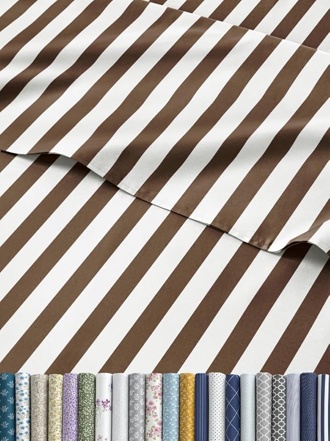 Striped Sheets - Brown Striped Sheets - 1 Flat & 1 Fitted & 2 Pillowcases w/ Deep Pockets – Comfy, Wrinkle & Fade Free - Ultra-Soft, Breathable & Cooling – Luxury Pinstripe Bedding - King Size Bed Set