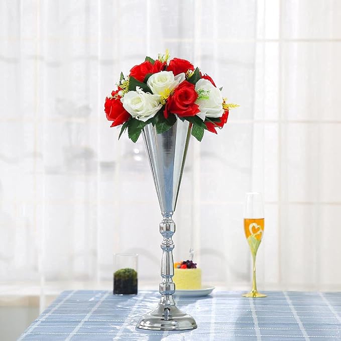 10pcs Tabletop Metal Wedding Flower Trumpet Vase Wedding Centerpiece Flower Vase for Wedding Event Decoration Living Decor Party Decor (Silver, 10×L)