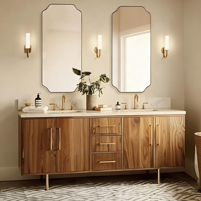 ANDY STAR 24"x48" Large Bathroom Mirror, Brushed Gold Rectangle Mirror, Scalloped Mirror for Bathroom in Anti-Rust Stainless Steel Metal Frame 1" Deep, Hangs Vertically/Horizontally
