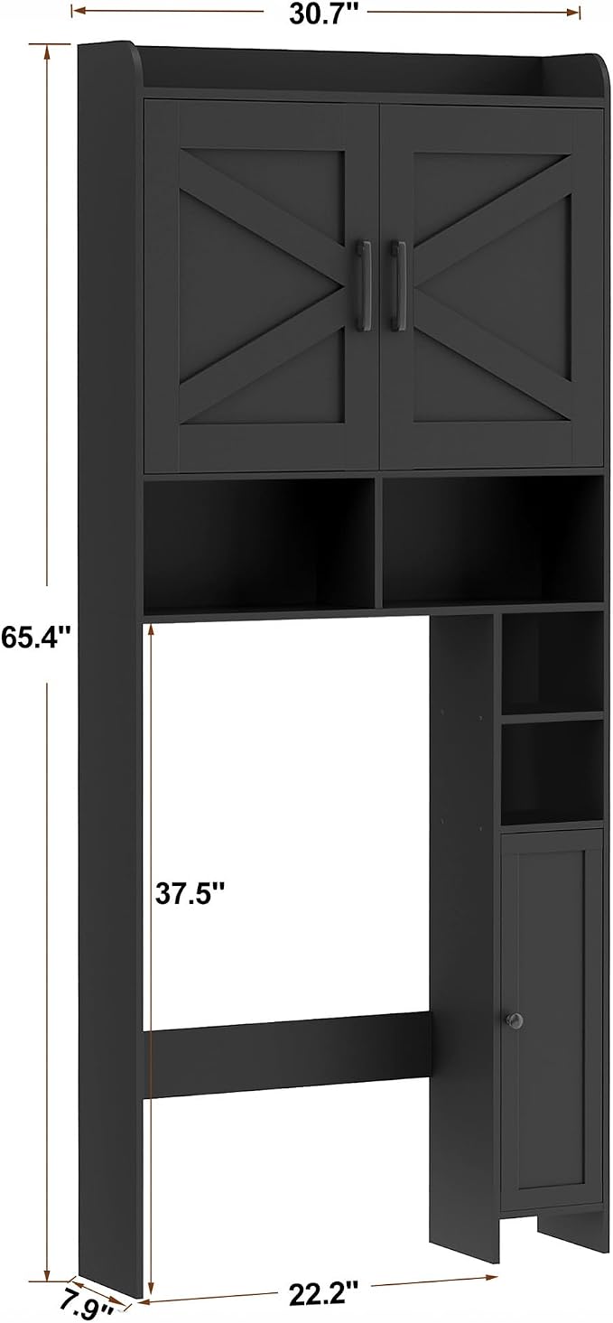 Homhedy Over The Toilet Storage Cabinet with 2 Barn Door and Toilet Paper Holder Stand, FreeStanding Toilet Shelf Space Saver, for Bathroom, Restroom, Laundry, Black