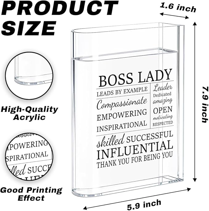 Boss Lady Bosses Day Gifts for Women Men Manager Funny Office Decor for Women Wooden Acrylic Book Flower Vase National Boss Day Decorations Gifts for Leader HR Men Manager Office Bookshelf Desk Decor