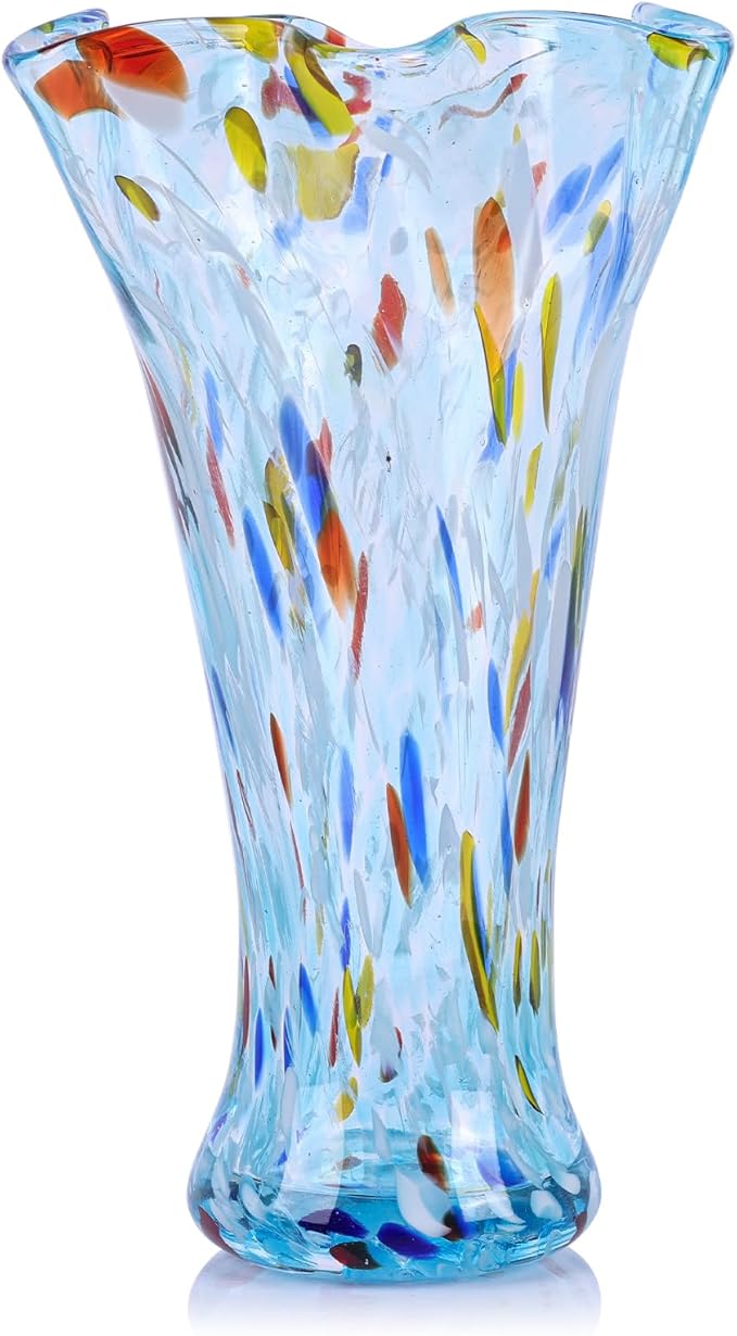 9.0" H Aqua Glass Vases for Flowers, Unique Hand Blown Glass Vase Aqua Home Decor, Wide Mouth Colorful Flower Vase Centerpieces, for Living Room Table Bookshelf, Bathroom Office Shelf Decorative