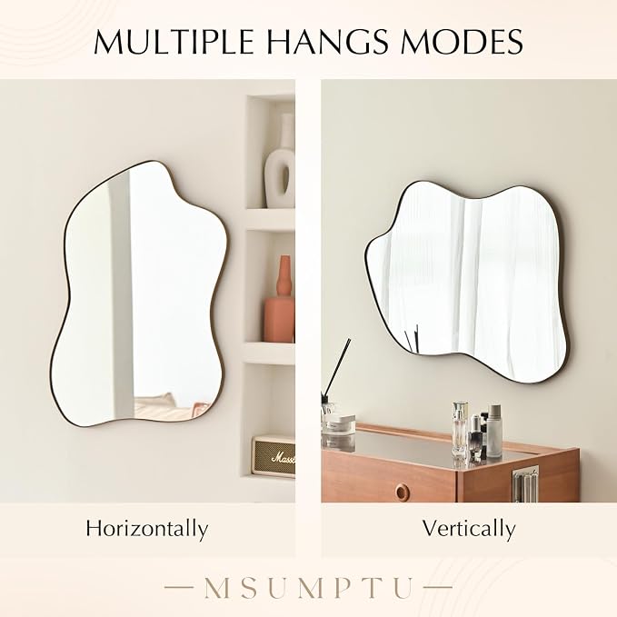 Irregular Wall Mirror Brass Wave Shaped Metal Framed Wall Mirror for Bathroom Bedroom Entryway Living Room Wall Decor 30.5" L x 23" W 2303G