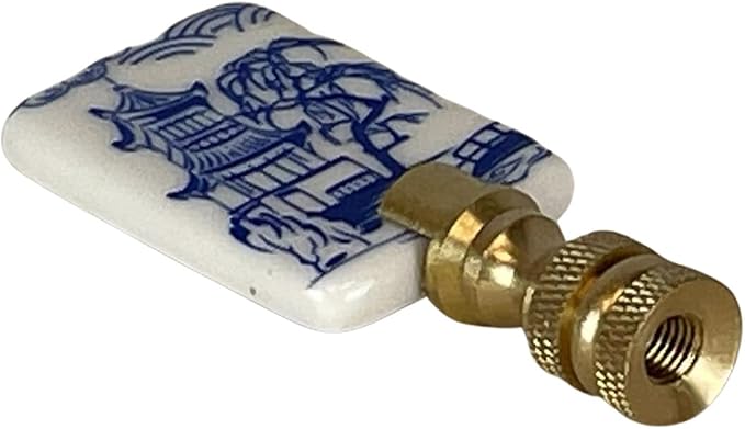 Royal Designs, Inc. Porcelain Chinese Garden Design Finial for Lamp Shade, Polished Brass, Blue & White, Pack of 2