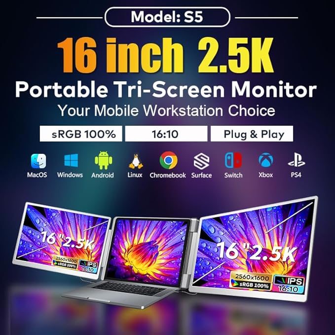 Smartlinx 16" Laptop Screen Extender Triple Display - 2560x1600P QHD Portable Monitor, USB C Detachable Plug & Play Extender for 12" -17" Laptops - Compatible with Windows/Android/PS4/MacBook