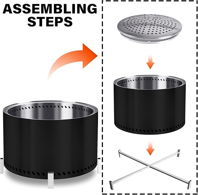 HGD 28" Smokeless Firepit with Stand, Stainless Steel Wood Burning Fire Pit for Friends & Family Gatherings, Secondary Combustion Outdoor Patio Stove for Garden BBQ & Bonfire (Black)