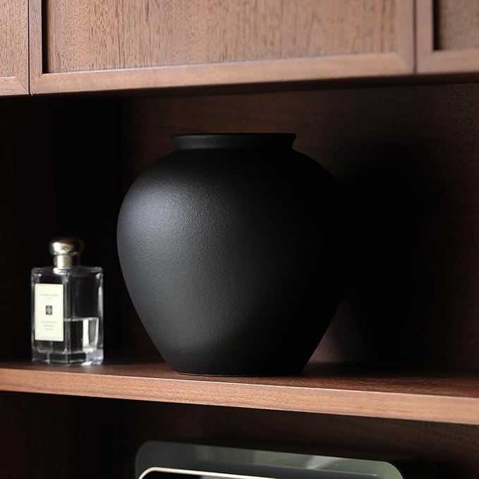 Large Black Ceramic Flower Vase,Decorative Jar Flower Vase, Decorative Jar Modern Centerpiece Table Decorations,Rustic Ceramic vases for Home Decor Dining Room (Black, 0617)
