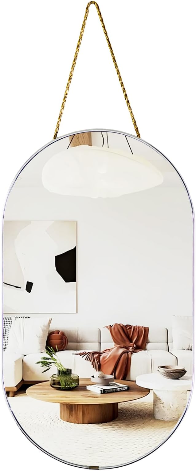 Oval Mirror, Oval Wall Mirror with Lanyard, High Definition Bathroom Mirror for Bathroom, Hallway, Living Room (Sliver, 9.2x15.9inch)