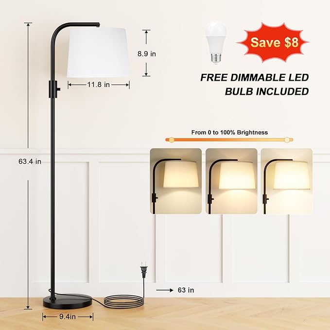 Ambimall Fully Dimmable Floor Lamp with 9W LED Bulb, Standing Lamp for Living Room with Adjustable Head, Modern Tall Light with Rotary Switch for Office, Black and White
