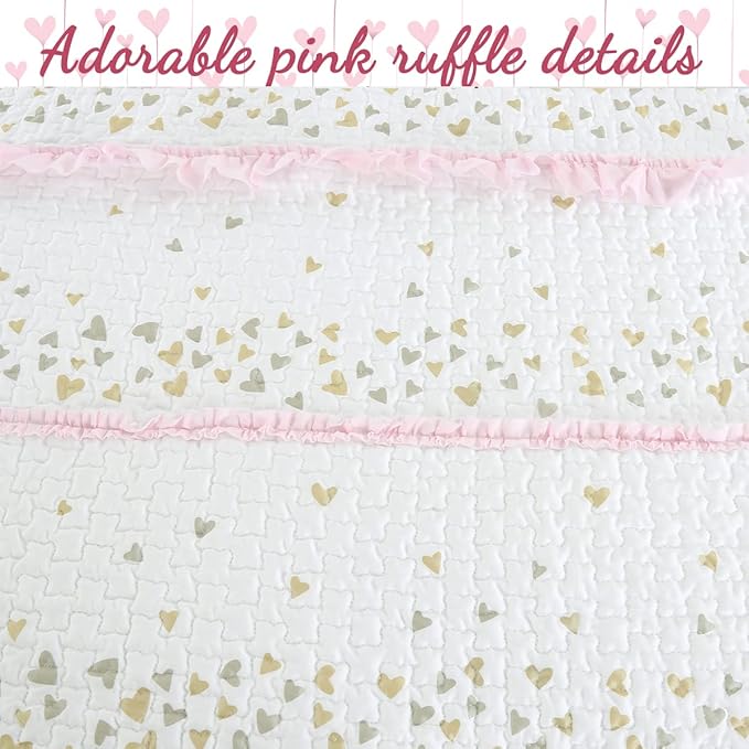 Cozy Line Home Fashions Pink Ruffle Metallic Printed Hearts Girl Cotton Reversible Quilt Bedding Set, Coverlet, Bedspreads (Sparkling Hearts, Queen - 3 Piece: 1 Quilt + 2 Shams)