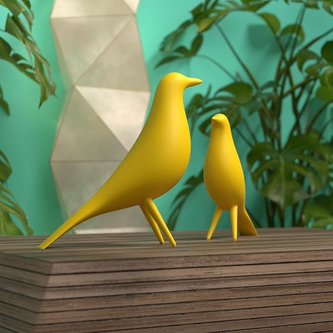 Mid Century Modern Retro Style Bird Family Decor Vintage Look Figurines 1960s 50s MCM Midmod Set of 2 Office Decoration Home Living room Gift (Yellow)