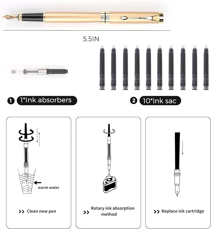 Tiankool Luxury Fountain Pen,Fine Nib, Exquisite Pen Gift Set for Men&Women-Includes 10 Ink Cartridges&Ink Converter- Nice Pens - Gold