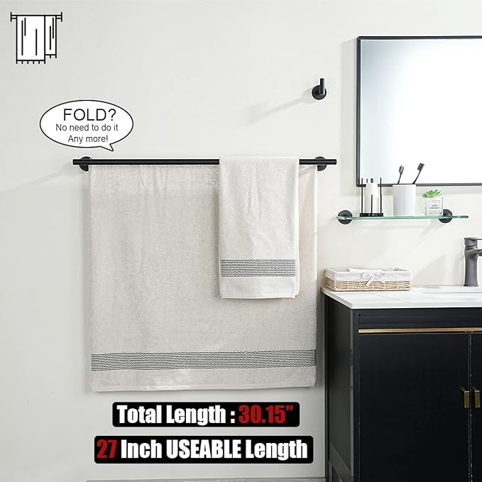 JQK Double Bath Towel Bar, Matte Black 30 Inch 304 Stainless Steel Thicken 0.8mm Towel Rack for Bathroom, Towel Holder Wall Mount, Useable Length 27 Inch, TB100L27-PB