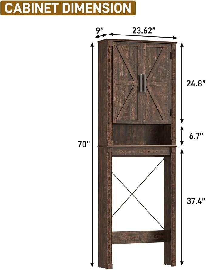 jiteentarou Farmhouse Bathroom Storage Cabinet,Over The Toilet Storage Cabinet with Roman Column Decor,Tall Over The Toilet Shelf with Barn Doors,Over Toilet Bathroom Organizer(Rustic Brown)