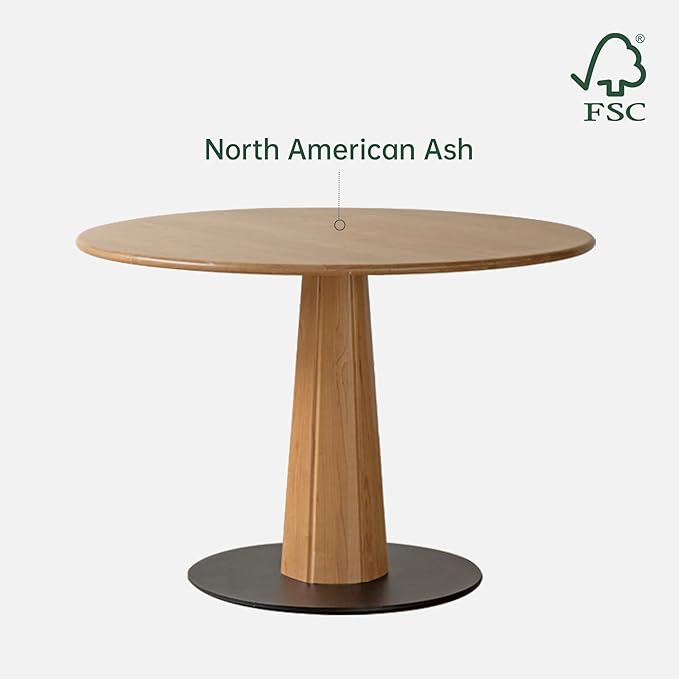 YESWOOD 43.3’’ Round Dining Table for 4, Solid Ash Wood Kitchen Table with Metal Pedestal Base, Farmhouse Dinner Table for Dining Room, Living Room, Study, Natural