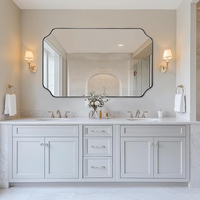 ANDY STAR 30x48 Inch Brushed Nickel Mirror, Large Silver Rectangle Mirror, Unique Scalloped Edge Design with Anti-Rust Stainless Steel Metal 1’’ Frame, Wall Mounts Vertically or Horizontally