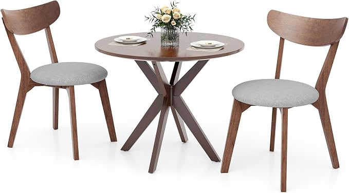 ERGOMASTER 3-Piece Dining Table Set for 2, 36" Kitchen Round Table with 2 Chairs, Rubber Wood Legs, Brown