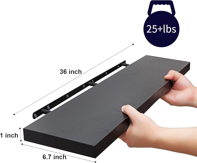 SAUMONIERES Floating Wall Shelves for Bedroom Bathroom Wall Mounted Solid Wood 36 Inches Long Shelf Set of 2, Black Floating Shelves
