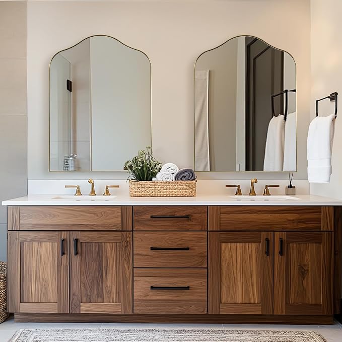 ANDY STAR Brass Scalloped Arched Wall Mirror, 30x36 Brushed Gold Irregular Bathroom Mirror with Curved Design for Vanity, Powder Room, Fireplace, Mantel, with Stainless Steel Metal Frame