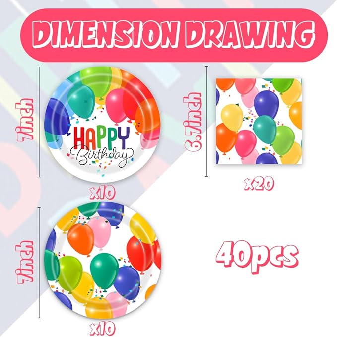 40Pcs Birthday Plates and Napkins Rainbow Balloons Plates and Napkins Set Party Supplies for Birthday Baby Shower Decorations Disposable Happy Birthday Paper Tableware Decorations