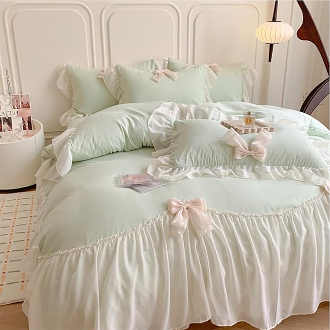 Girls Lace Bedding, Queen Comforter Cover Set, Chic Ruffled Duvet Cover with Lovely Bow,Princess Style 1 Duvet Cover with 2 Pillowcases, No Comforter-Green,Queen Size