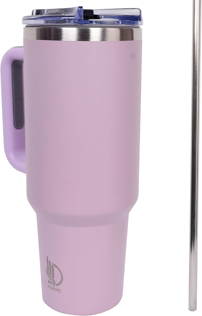 40oz Insulated Tumbler with Handle, Leakproof Straw Lid & Carry Handle - Double Wall Vacuum Insulation Keeps Ice 24 Hours, BPA Free Stainless Steel Water Bottle (Lilac)