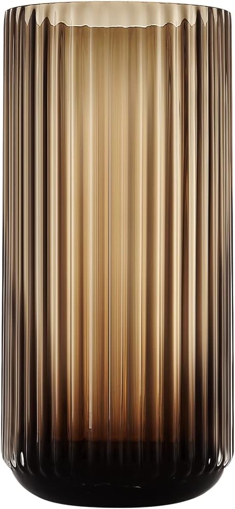 Small Cylinder Ribbed Brown Glass Flower Vase for Farmhouse Dining Table Centerpieces Decor