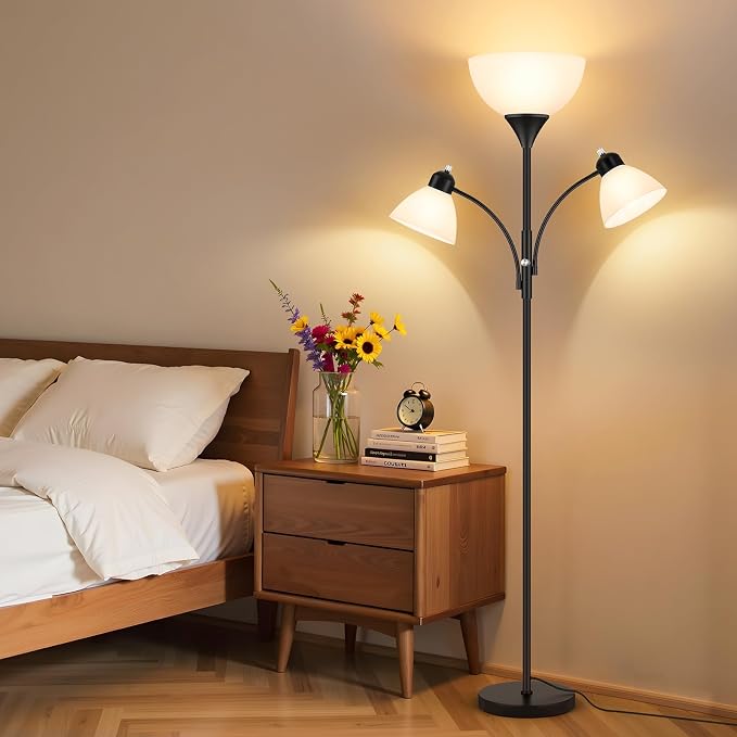 Coucrek Torchiere Floor Lamps for Living Room,72" Dimmable Lamp with 2 Adjustable Reading Lights for Bedroom, Black Tall Standing Room Lamp, 3 Bulbs Included
