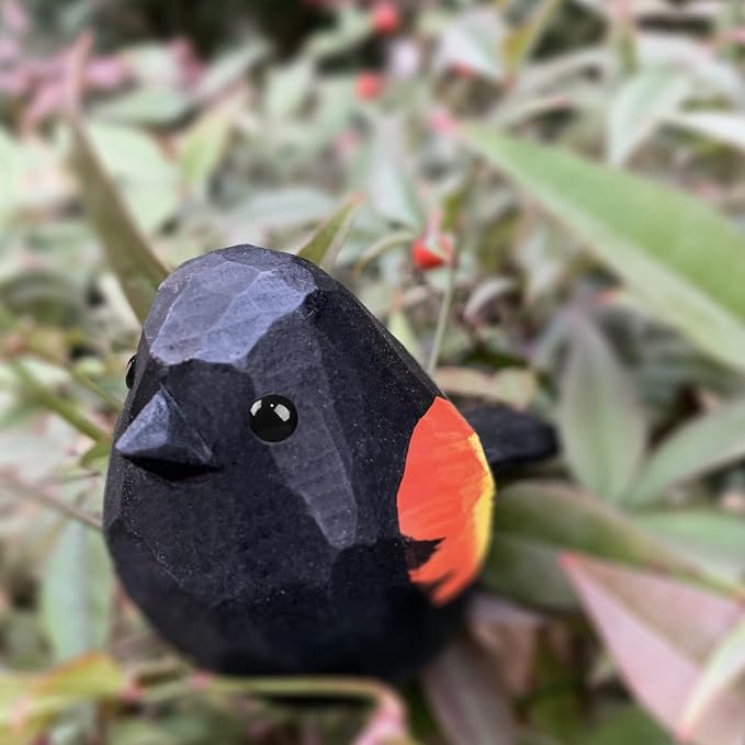 Bird Figurines Hand Carved Painted Wooden Statues for Home Decor, Gift for Bird Lovers,Housewarming, Birthday, Christmas, Anniversaries (NO.21-Red-Winged Blackbird)