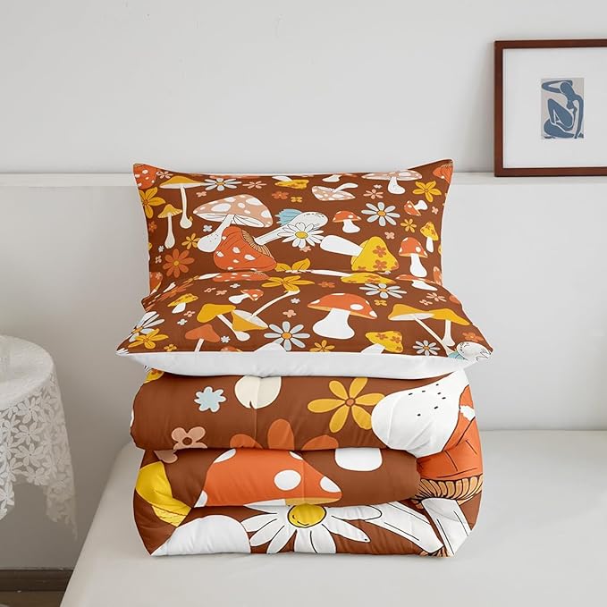 Castle Fairy 60s 70s Retro Hippie Comforter Set Full Size,Groovy Flowers Mushroom Print Bedding Comforters for Girls Teens,Boho Art Down Comforter with 2 Pillowcases,Chic
