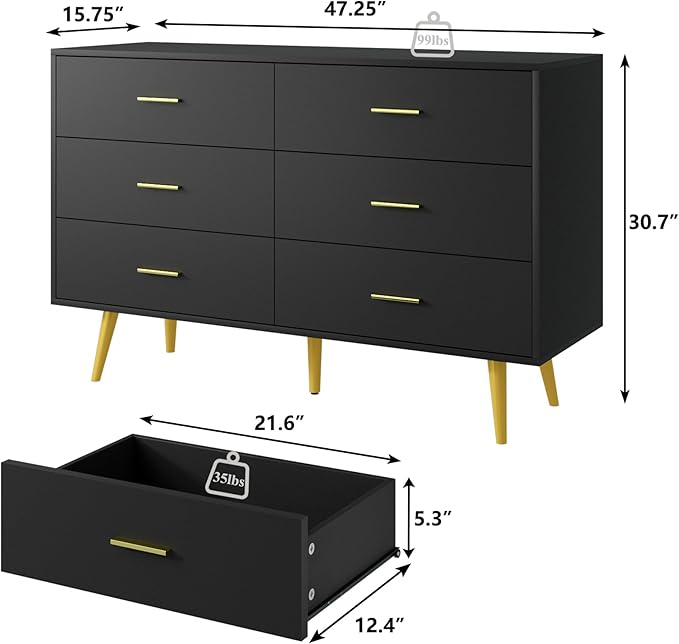 Dresser for Bedroom, 6 Drawer Black Wood Dresser with Golden Handles, Modern Wide Dressers & Chests of Storage Organizer Drawer for Entryway Hallway