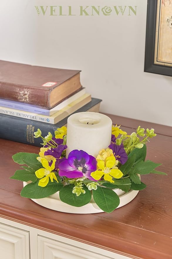 WELL KNOWN 2 Pcs Mini Spring Floral Candle Rings Wreaths for Pillars Home Table Window Decor, 9 Inches Artificial Flower Cabinet Wreath for Kitchen Farmhouse Wedding Party (Purple Morning Glory)