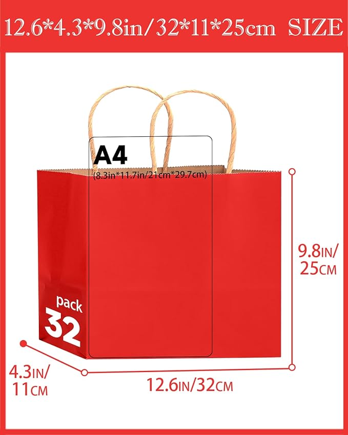 qiqee 13"x4.5"x10" Large Gift Bag with Handles Bulk 32PCS Gift Paper Bags Wine Red Bags Multiple Uses (Wide Large)