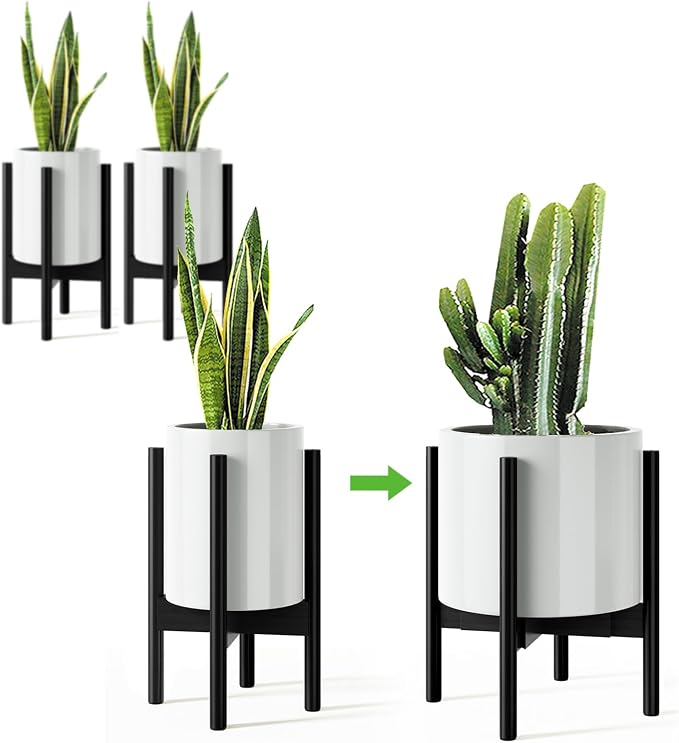 MUDEELA Plant Stand for Indoor Plants: Adjustable Width Fits 8-12 Inch Pots - Mid-century Modern Bamboo Plant Stand - 14.5 Inch Single Tier Small Floor Plant Holder, Black, 2 Pack (Without Pot)