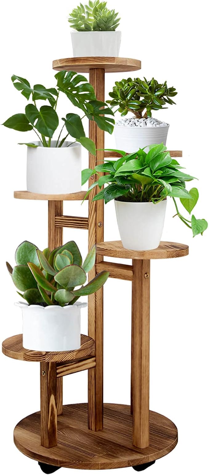 GEEBOBO 5 Tiered Tall Plant Stand for Indoor, Wood Plant Shelf Corner Display Rack, Multi-tier Planter Pot Holder Flower Stand for Living Room Balcony Garden Patio (Brown)