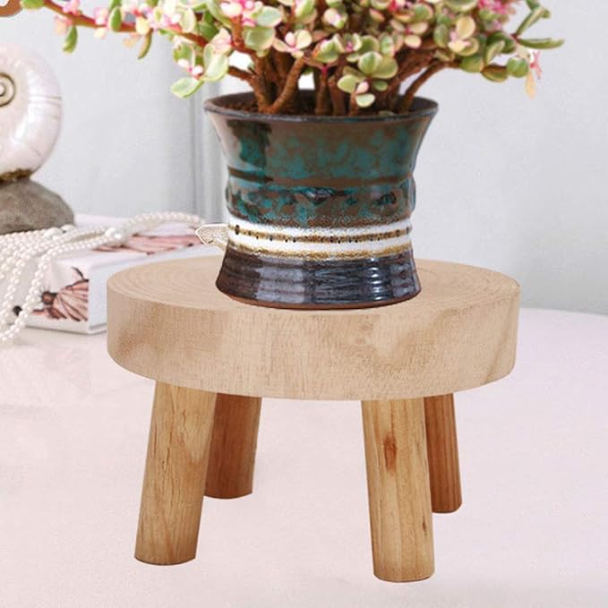 æ— Mini Wooden Stool Flower Display Stand, Potted Plant Shelf Succulents Bonsai Rack, Vintage Wood Grain Garden Plant Pot Riser Stand for Indoor Outdoor Office Dining Room Decor