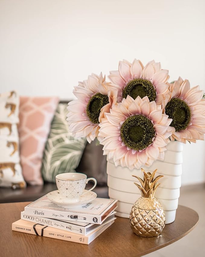 Hollyone Large Silk Pink Sunflowers Artificial Flowers 26" Long Stem Artificial Sunflower 6 Pcs Tall Fake Sun Flowers Vintage Faux Sunflowers Bulk with Stem for Home Wedding Birthday Party Decor