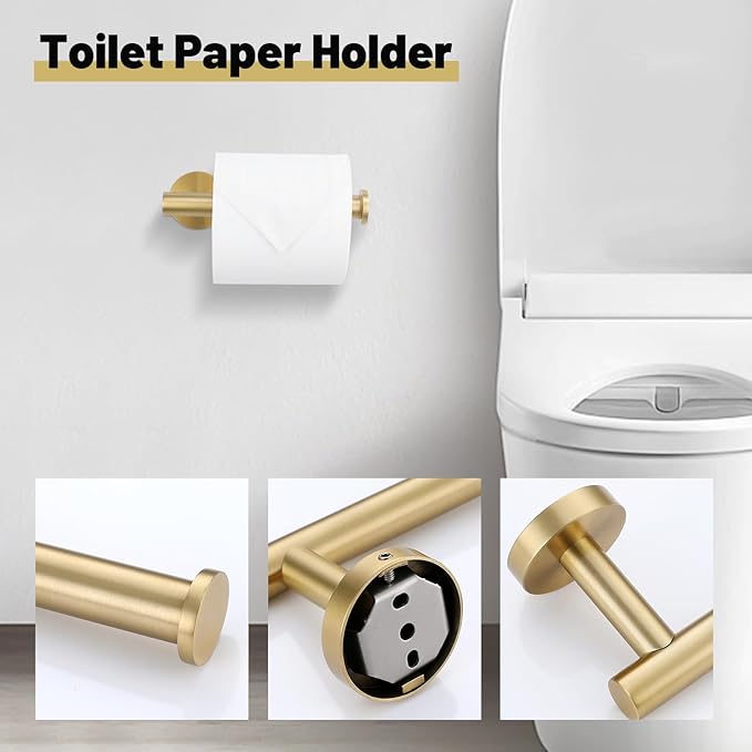 6 Pieces Brushed Gold Towel Bar Bathroom Hardware Set, 23.6Inch Brushed Gold Bathroom Accessories Towel Holder Set, SUS304 Stainless Steel Towel Racks for Bathroom