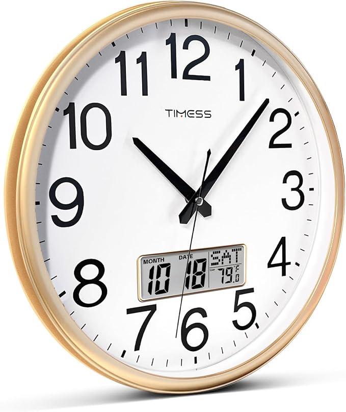 TIMESS Wall Clock, 16 Inch Non-Ticking Silent Battery Operated Quartz Analog with LCD Display for Perpetual Calendar and F° Temperature, Ideal Modern Home, Bedroom, Kitchen, Office Décor (Gold)