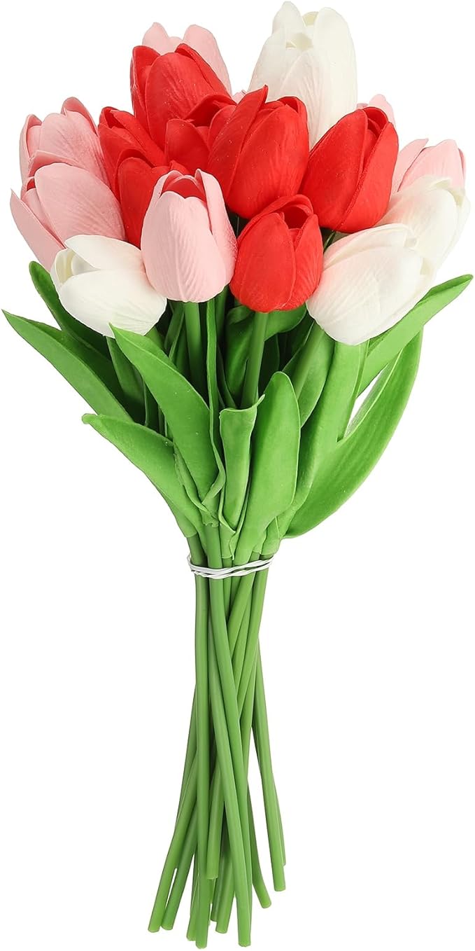 uxcell 20pcs Tulips Artificial Flowers, Faux Flowers Silk Fake Tulip Stems Real Touch for Wedding Bouquet Centerpiece Table Party Decoration(Dark Red, Candy Pink, Pure White)