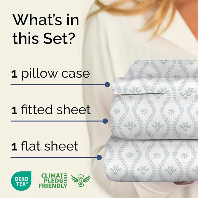 Floral Sheets - Damask Floral Bed Sheet Set - 1 Flat & 1 Fitted & 1 Pillowcase w/ Deep Pockets - Comfy, Wrinkle & Fade Free Boho Botanical Bedding - Ultra-Soft, Breathable and Cooling - Twin Size