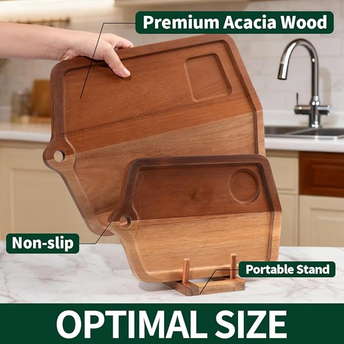 Acacia Wood Cutting Board Set of 2 (16x12, 10x8) Wooden Cutting Boards for Kitchen Non Toxic Dishwasher Safe Non Slip, Extra Large Cutting Board for Meat, Charcuterie, Chopping
