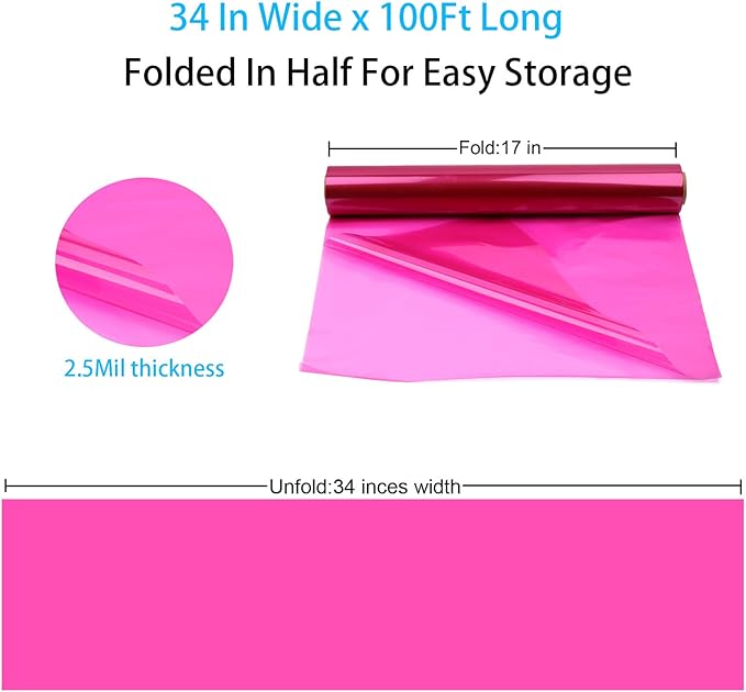 CMFYHM Pink Cellophane Wrap Roll,Colorful Cello 34 In Wide X 100 Ft Long, Translucent Colored Cellophane Wrapping Paper for Gift Baskets Wrap, Treats, Holiday, DIY Arts Crafts Decoration (Pink)