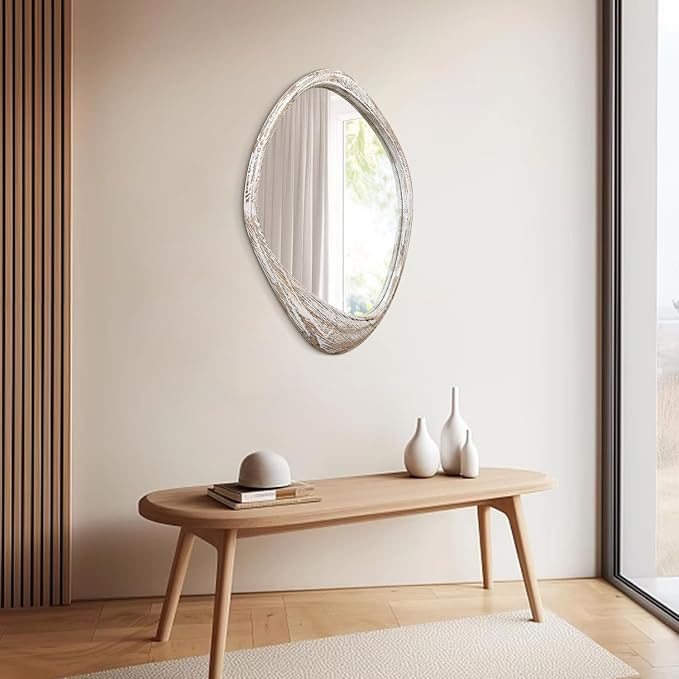 AAZZKANG Irregular Wall Mirror Wooden Large 24"x16" Asymmetrical Decorative Rustic Hanging Mirrors for Bedroom Dressing Room Living Room Bathroom Entryway White