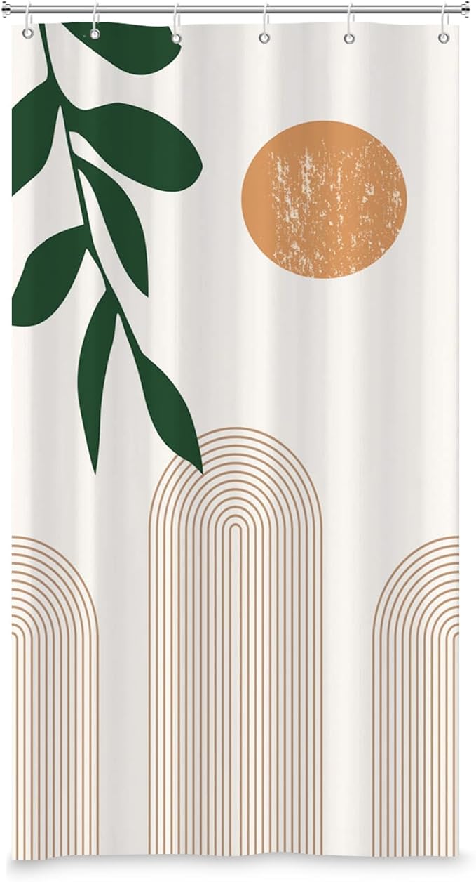 Boho Mid Century Shower Curtain Abstact Arch Sun Leaves Modern Minimalist Geometric Plant Aesthetic Shower Curtains Polyester Fabric Bathroom Decoration Curtain with Hooks 36x72 inch