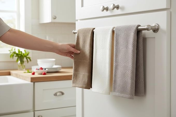 Beige White Brown Taupe Kitchen Hand Dish Towels: Oversized 28" x 18",100% Cotton Cloth Soft Cleaning Drying Absorbent Textured Design, Set of 3 Multipurpose for Everyday Use (Neutral Collection)