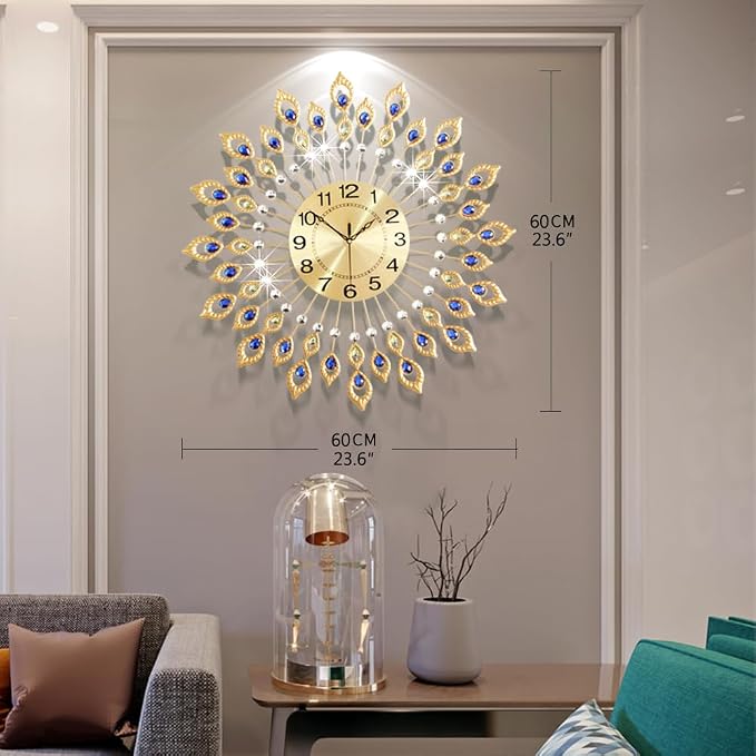 Large Modern Wall Clock for Living Room Decor, 24 Inch Big Decorative Crystal Peacock Wall Clock Battery Operated Non Ticking for Kitchen Bedroom, Gold Metal Silent Wall Clocks for Home